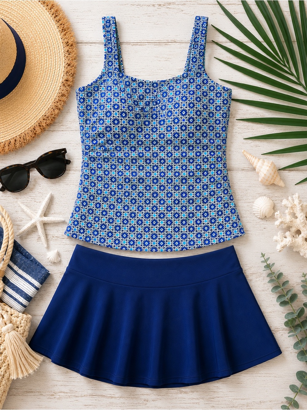 Lands’ End Tankini Top 14 Blue Geometric Modest Coastal Resort Cruise Swim Wear